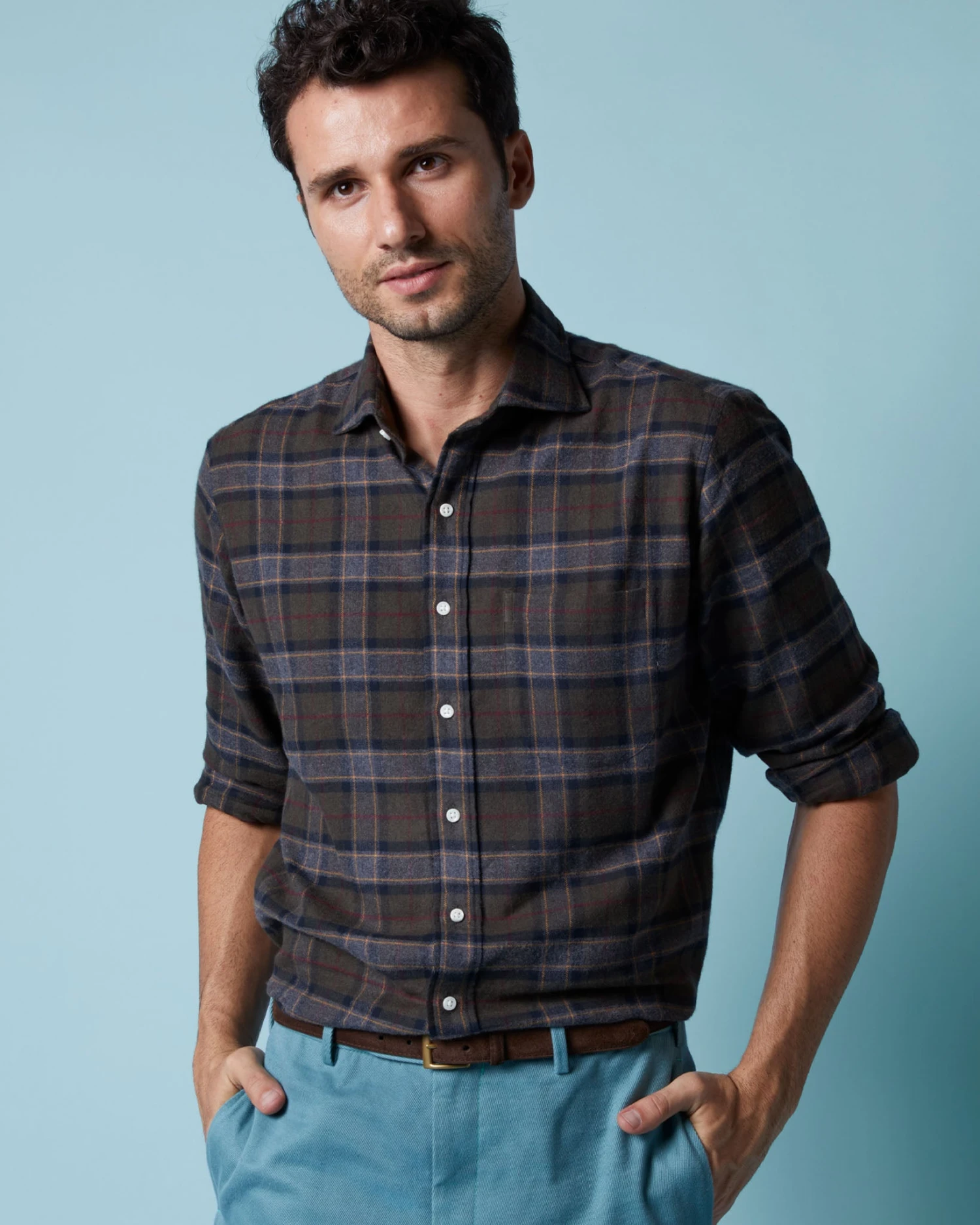 Spread Collar Sport Shirt In Olive/Berry/Scotch Plaid Flannel 2 Spread Collar Sport Shirt In Olive/Berry/Scotch Plaid Flannel - Image 2