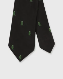 Silk Woven Club Tie In Black/Green Owl