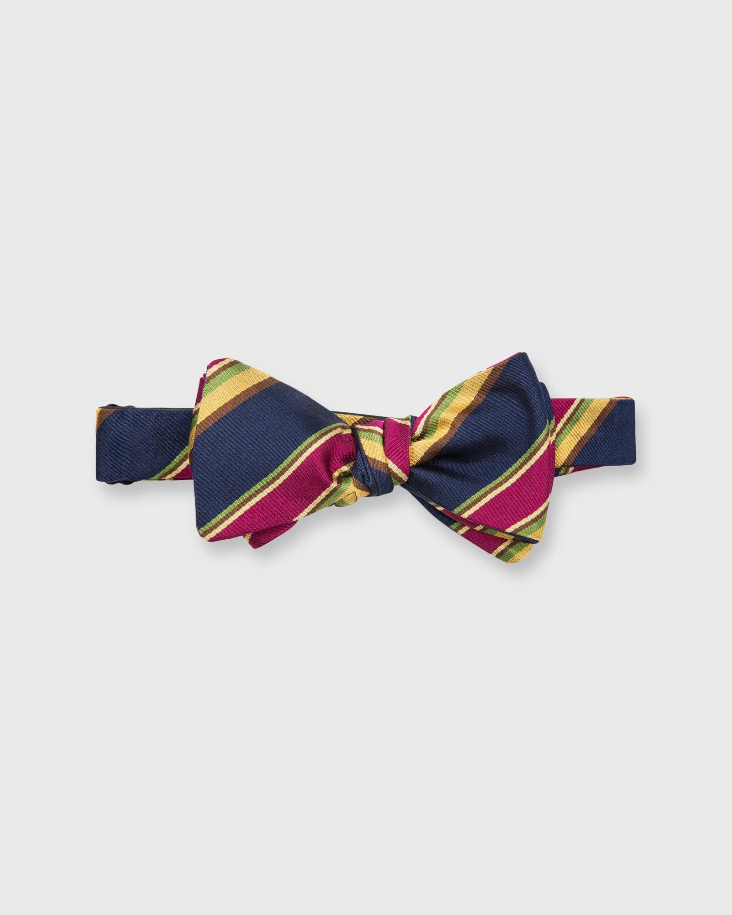 Silk Woven Bow Tie In Navy/Magenta/Yellow Tuckahoe Stripes 1 Silk Woven Bow Tie In Navy/Magenta/Yellow Tuckahoe Stripes
