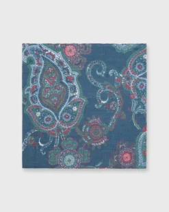 Linen/Cotton Print Pocket Square In Prussian Blue/Sage/Red Paisley