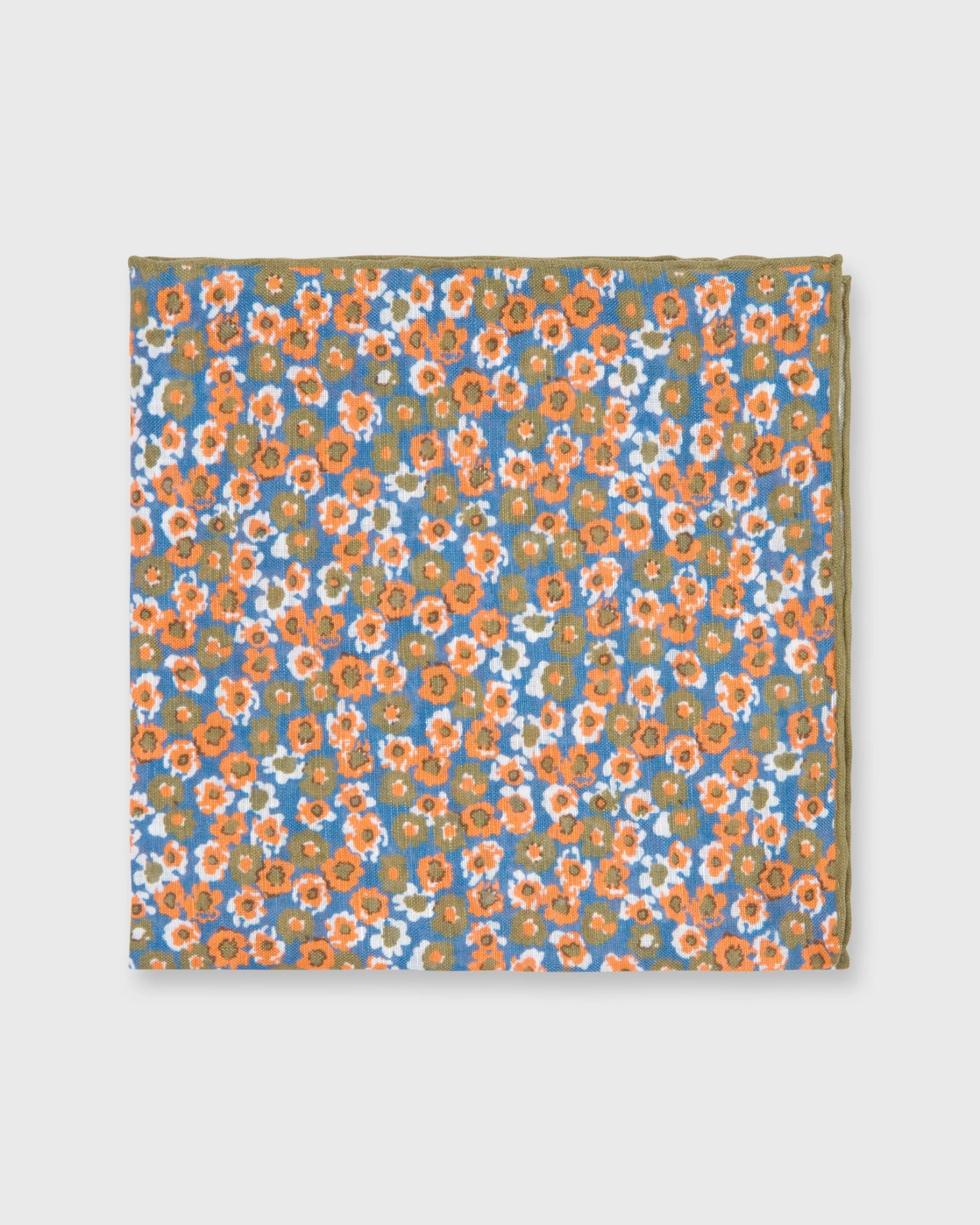 Cotton/Linen Print Pocket Square In Blue/Olive/Orange Floral 1 Cotton/Linen Print Pocket Square In Blue/Olive/Orange Floral