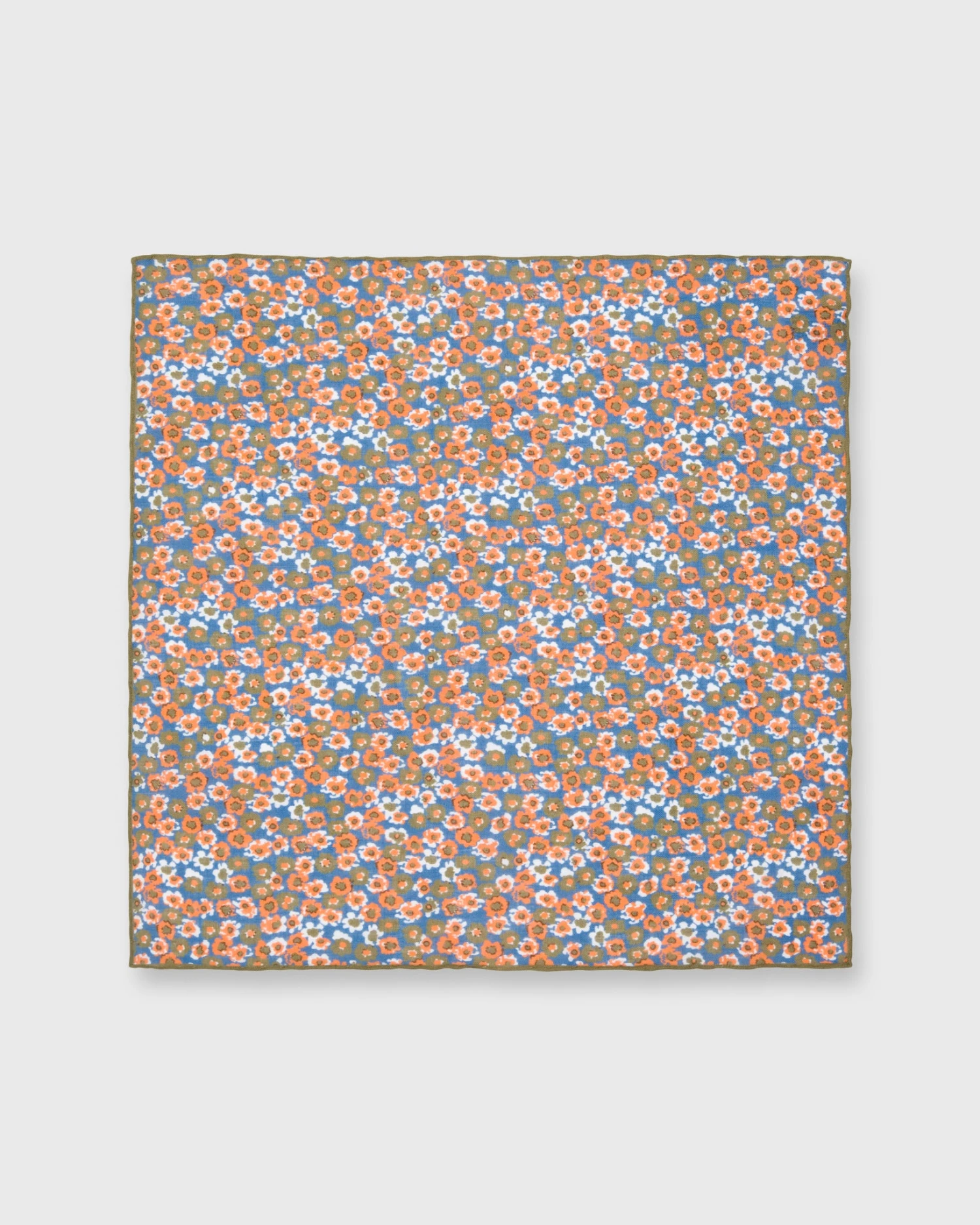 Cotton/Linen Print Pocket Square In Blue/Olive/Orange Floral 2 Cotton/Linen Print Pocket Square In Blue/Olive/Orange Floral - Image 2