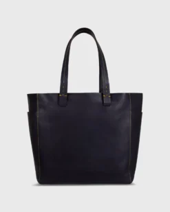 Leather Tote With Trolley Strap In Navy