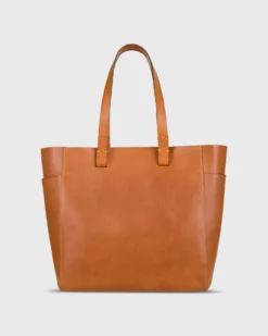 Leather Tote With Trolley Strap In English Tan