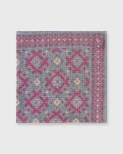 Wool/Silk Print Pocket Square In Evergreen/Burgundy/Gold Aztec