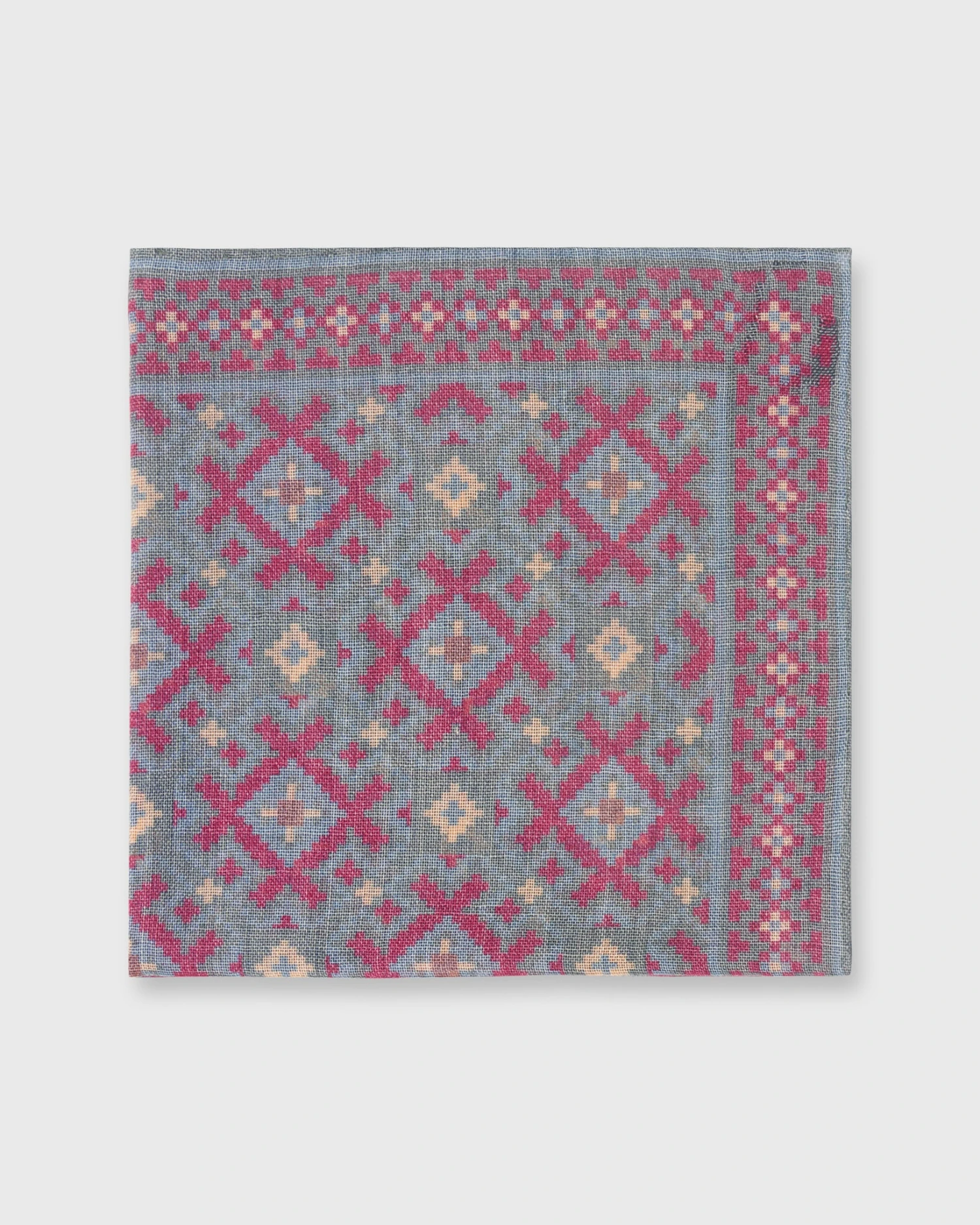 Wool/Silk Print Pocket Square In Evergreen/Burgundy/Gold Aztec 1 Wool/Silk Print Pocket Square In Evergreen/Burgundy/Gold Aztec