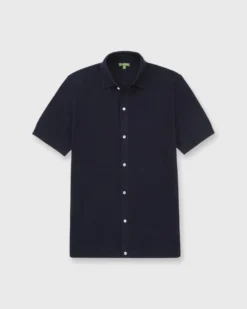 Full-Placket Shirt Sweater In Navy Cotton