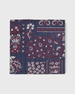 Cotton Print Pocket Square In Navy Patchwork Paisley
