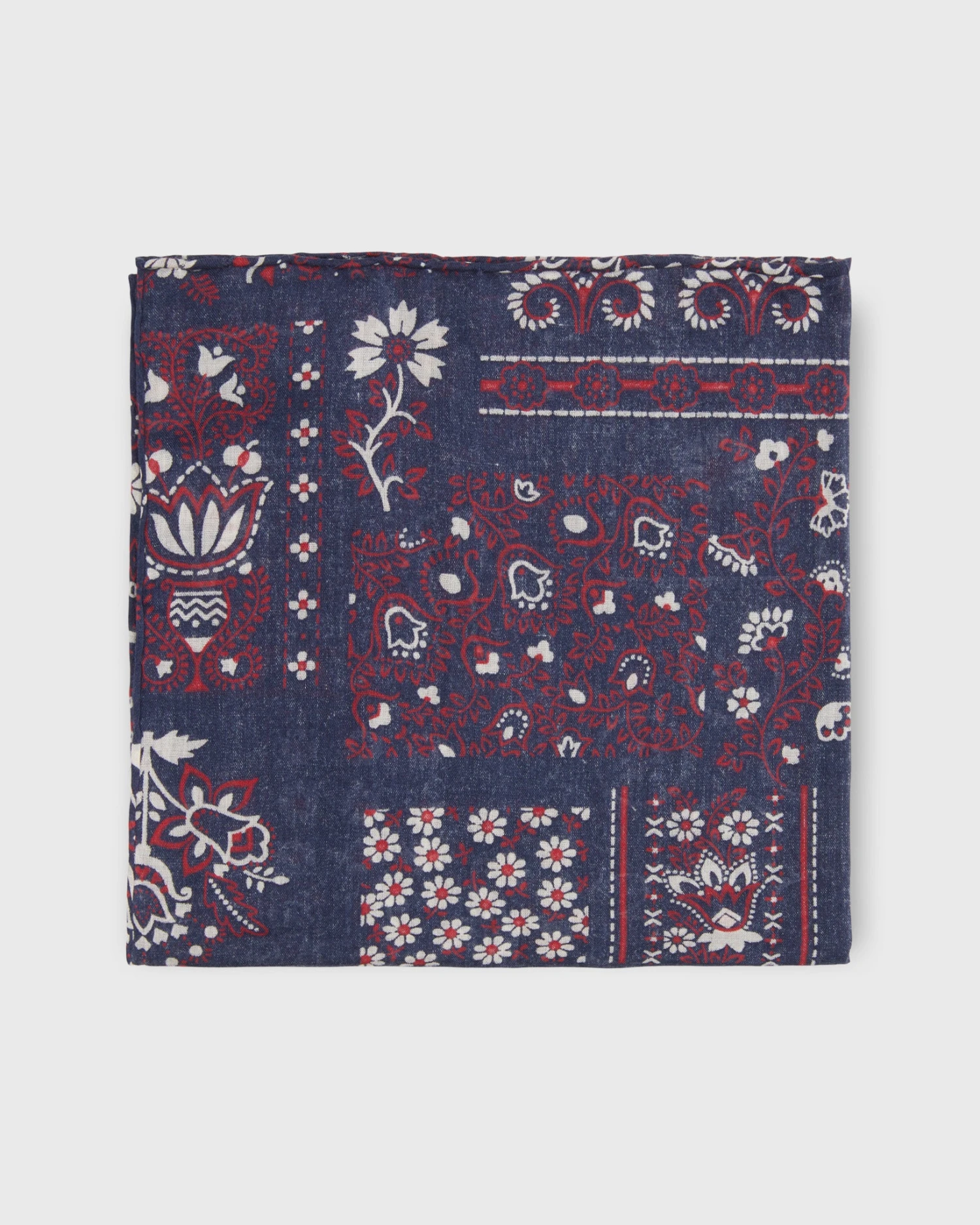 Cotton Print Pocket Square In Navy Patchwork Paisley 1 Cotton Print Pocket Square In Navy Patchwork Paisley