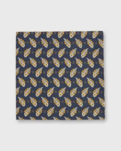 Cotton Print Pocket Square In Navy/Gold Paisley Feather Liberty Fabric
