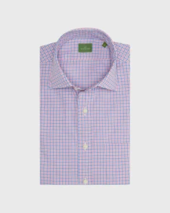 Spread Collar Sport Shirt In Pink/Dutch Blue Tattersall Poplin