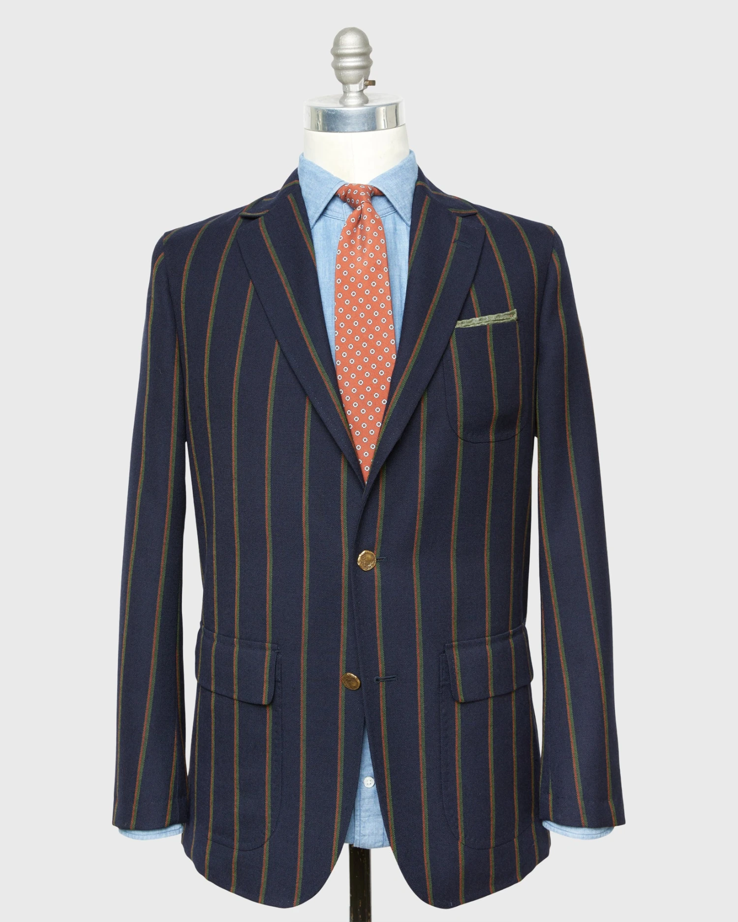 Ghost Blazer In Navy/Green/Orange Stripe High-Twist 1 Ghost Blazer In Navy/Green/Orange Stripe High-Twist