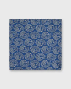 Cotton Print Pocket Square In Blue/Bone Peacock