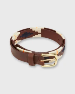 1 1/8" Polo Belt In Navy/Bone/Dayglow Orange Medium Brown Leather