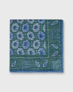 Linen/Cotton Print Pocket Square In Green/Blue Paisley