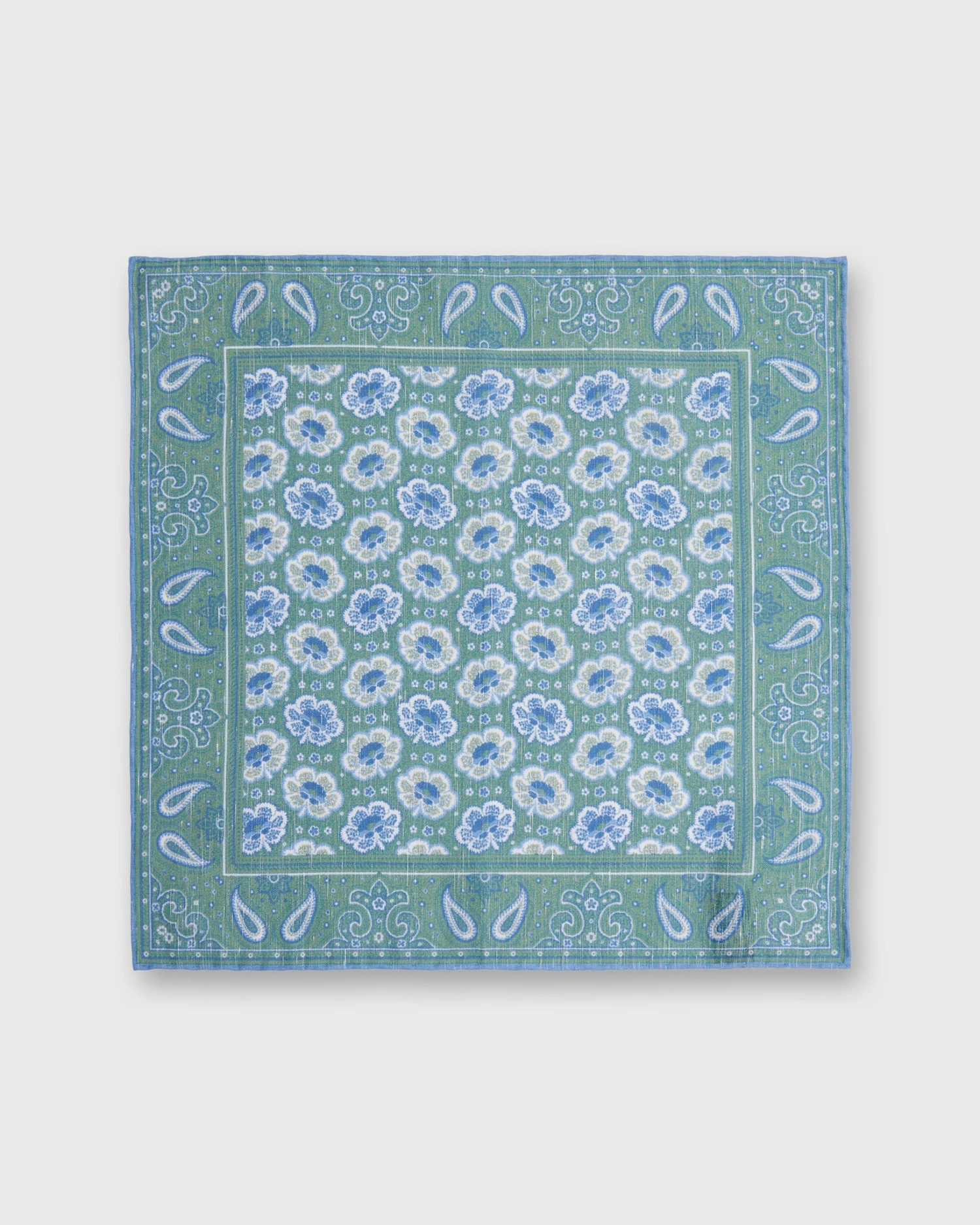 Linen/Cotton Print Pocket Square In Green/Blue Paisley 2 Linen/Cotton Print Pocket Square In Green/Blue Paisley - Image 2