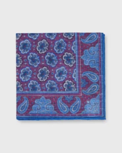 Linen/Cotton Print Pocket Square In Dark Pink/Blue Paisley