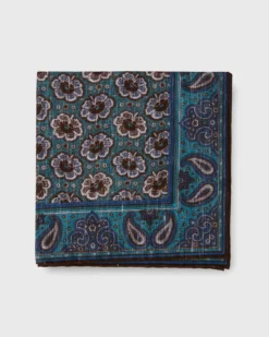 Linen/Cotton Print Pocket Square In River/Brown Paisley