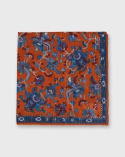 Linen/Cotton Print Pocket Square In Orange/Blue Large Floral