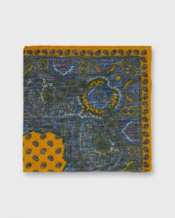 Linen/Cotton Print Pocket Square In Yellow Paisley