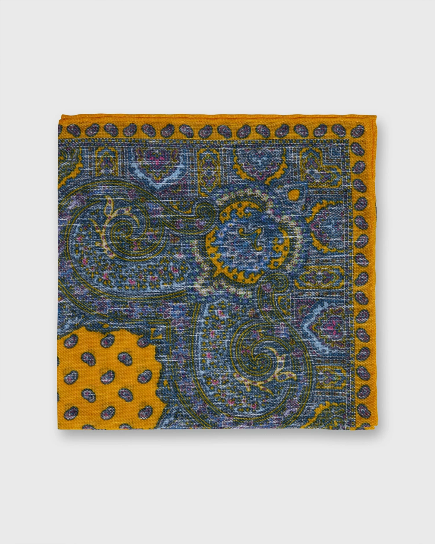 Linen/Cotton Print Pocket Square In Yellow Paisley 1 Linen/Cotton Print Pocket Square In Yellow Paisley