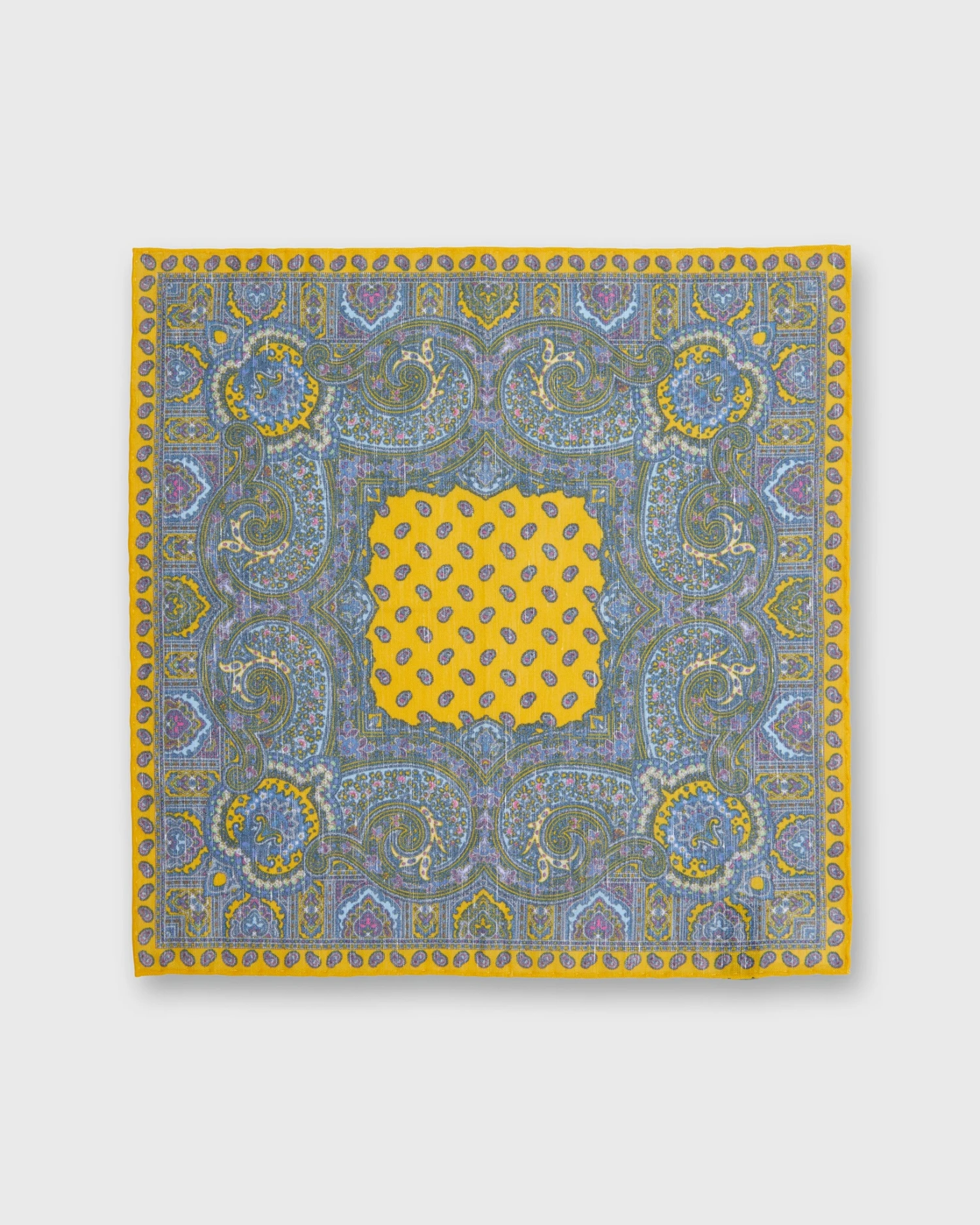 Linen/Cotton Print Pocket Square In Yellow Paisley 2 Linen/Cotton Print Pocket Square In Yellow Paisley - Image 2