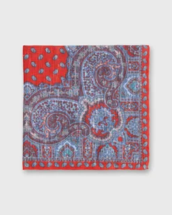 Linen/Cotton Print Pocket Square In Red Paisley