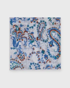 Linen/Cotton Print Pocket Square In Bone/Blue/Tan Paisley Floral