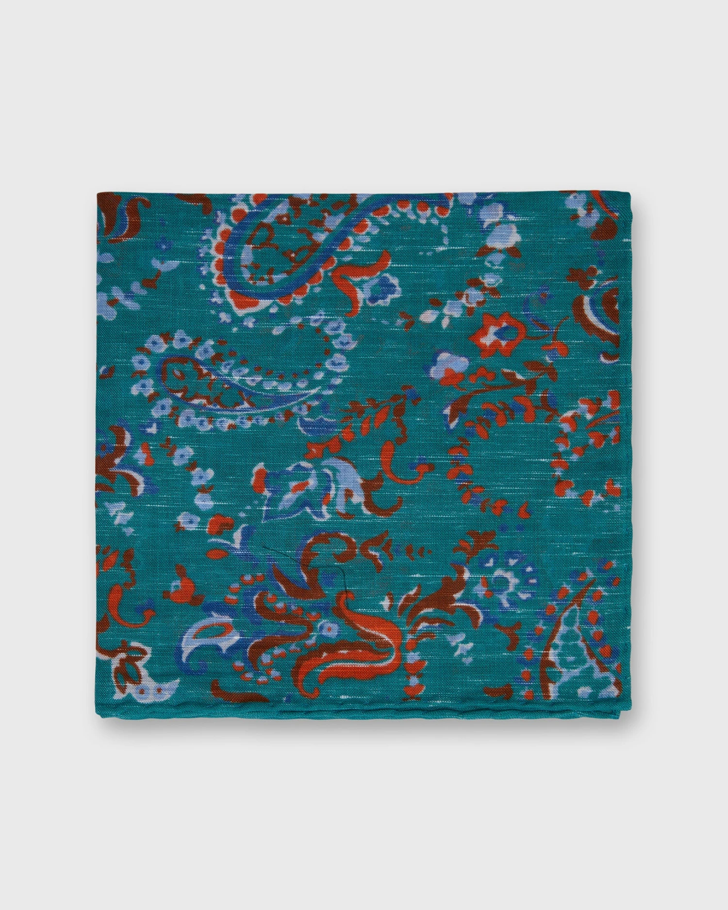 Linen/Cotton Print Pocket Square In River/Orange Paisley Floral 1 Linen/Cotton Print Pocket Square In River/Orange Paisley Floral