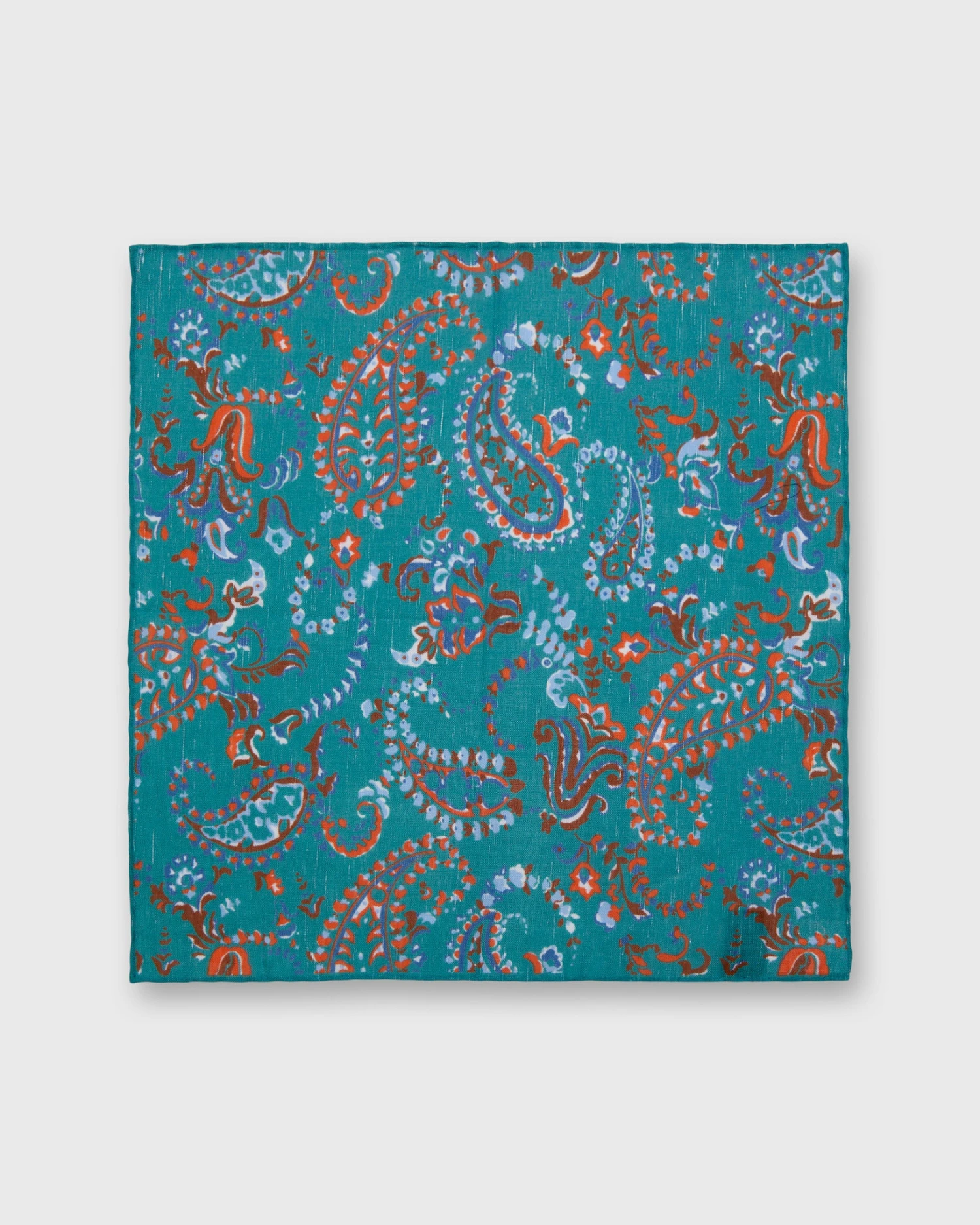 Linen/Cotton Print Pocket Square In River/Orange Paisley Floral 2 Linen/Cotton Print Pocket Square In River/Orange Paisley Floral - Image 2