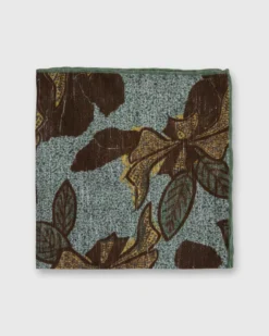 Linen/Cotton Print Pocket Square In Sage/Brown Large Flower