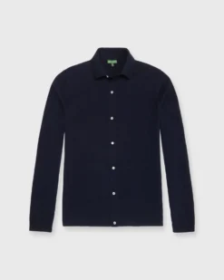 Long-Sleeved Full-Placket Sweater In Navy Cotton