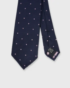 Silk Woven Tie In Navy/Pink Dot