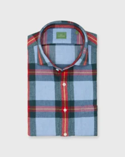 Spread Collar Sport Shirt In Periwinkle/Red/Yellow Plaid Flannel