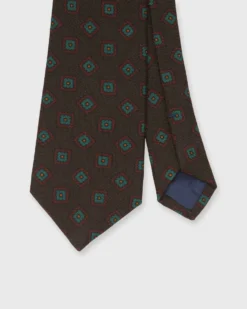 Wool Print Tie In Brown/Green/Red Square