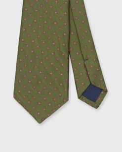 Silk Print Tie In Olive/Gold/Sky Flower