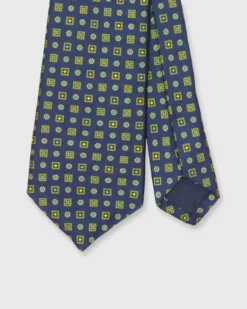 Silk Print Tie In Navy/Lime Shapes