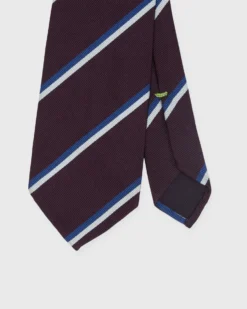 Silk Woven Tie In Eggplant/Bone/Blue Stripe