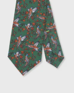 Silk Print Tie In Olive/Rust Pheasant