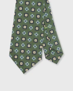 Silk Print Tie In Olive/Navy/Aqua Medallion