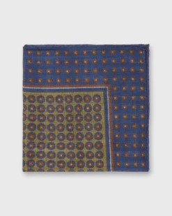 Wool/Silk Pocket Square In Blue/Stone Medallion