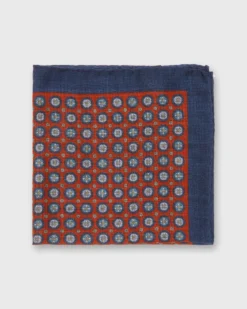 Wool/Silk Pocket Square In Denim/Brick Medallion