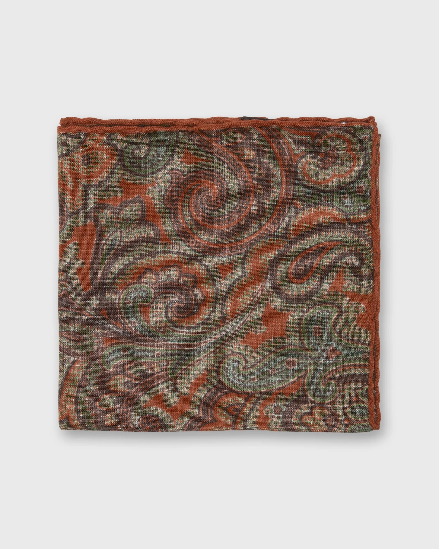 Wool/Silk Pocket Square In Orange/Lovat Paisley 1 Wool/Silk Pocket Square In Orange/Lovat Paisley