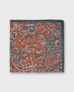Wool/Silk Pocket Square In Lovat/Orange Floral