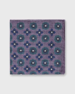 Wool/Silk Pocket Square In Lavender/Navy Flower Medallion