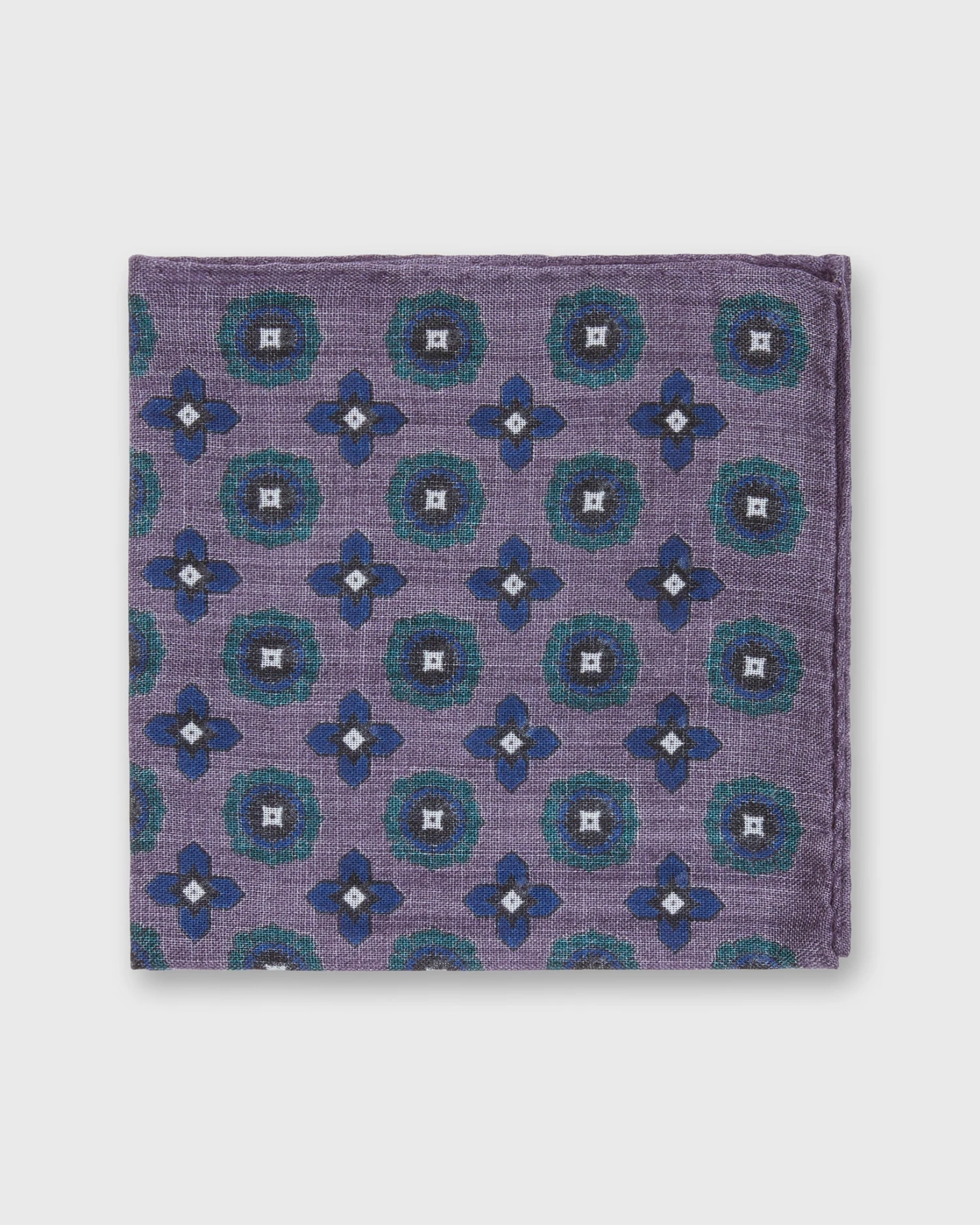 Wool/Silk Pocket Square In Lavender/Navy Flower Medallion 1 Wool/Silk Pocket Square In Lavender/Navy Flower Medallion