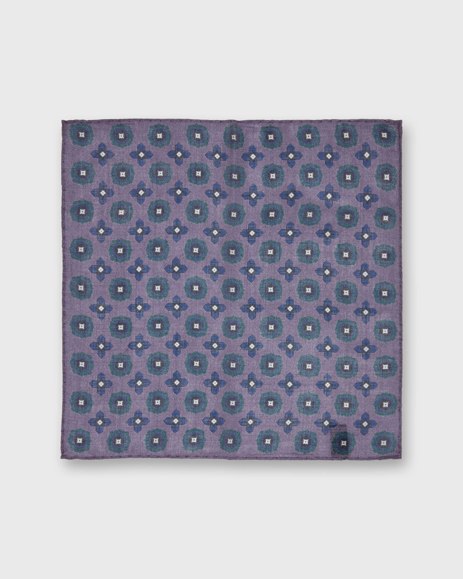 Wool/Silk Pocket Square In Lavender/Navy Flower Medallion 2 Wool/Silk Pocket Square In Lavender/Navy Flower Medallion - Image 2
