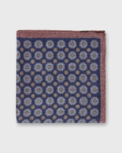 Wool/Silk Pocket Square In Navy/Rose/Yellow Medallion