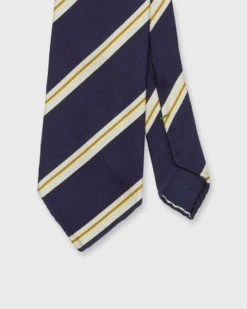 Silk Woven Tie In Navy/Bone/Yellow Stripe