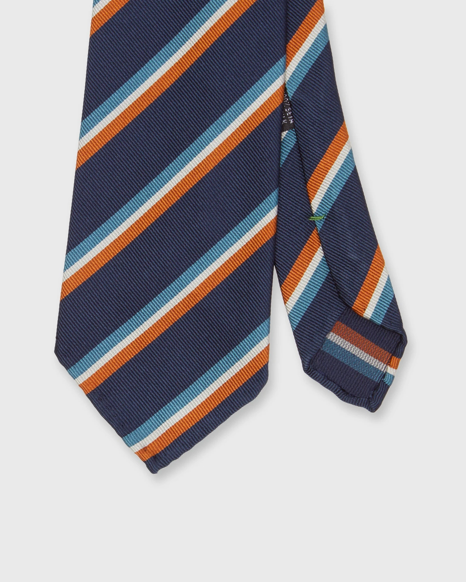 Silk Woven Tie In Navy/Orange/Lovat Stripe 1 Silk Woven Tie In Navy/Orange/Lovat Stripe